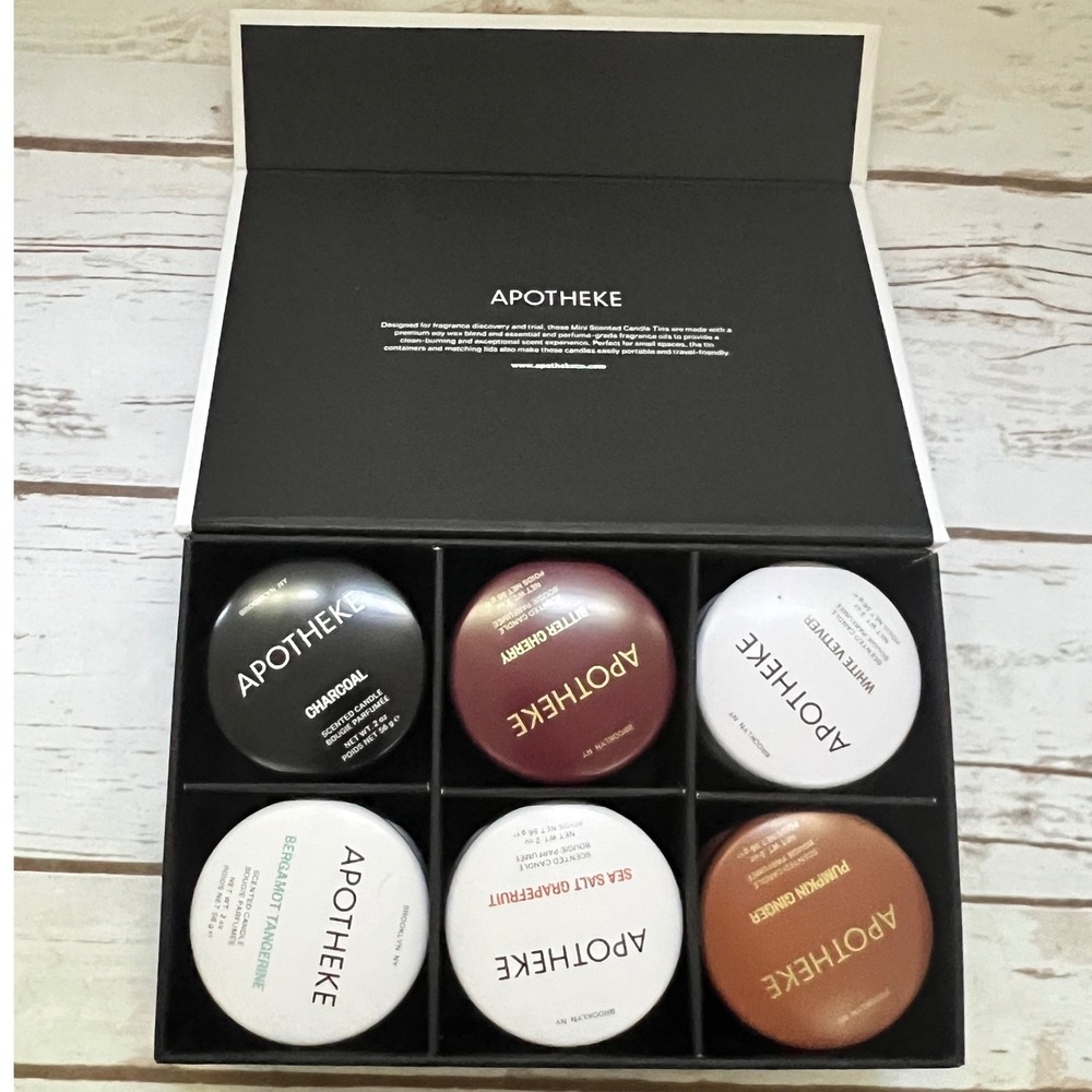 Apotheke NWOT Fragrance Discovery Set 6 Mini Scented Candle Tins Multi 2oz Each